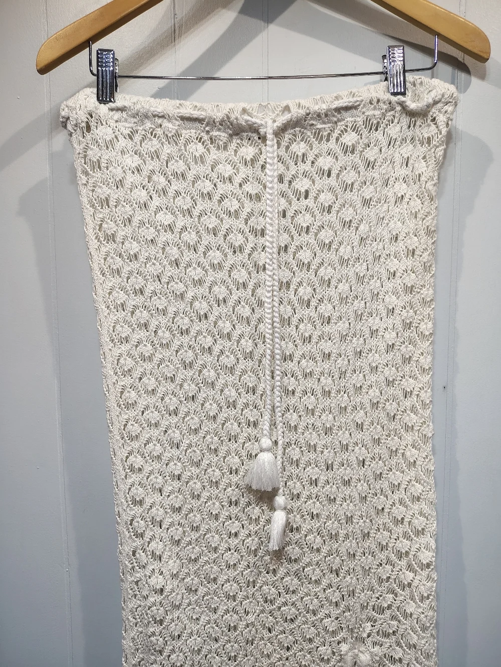 Aerie White Crochet Maxi Skirt Boho Beach Cover Up Drawstring Slit Size L Cotton - Picture 2 of 8